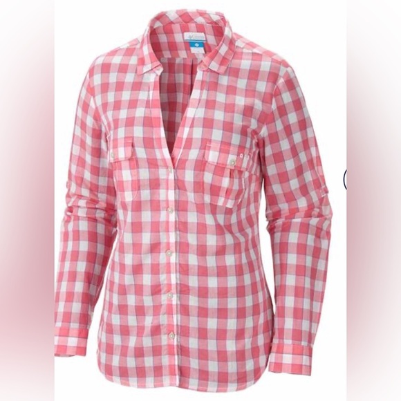 Columbia PFG Sundrifter Long Sleeve Pink & White Checkered Button-Up Shirt XL - Picture 1 of 9